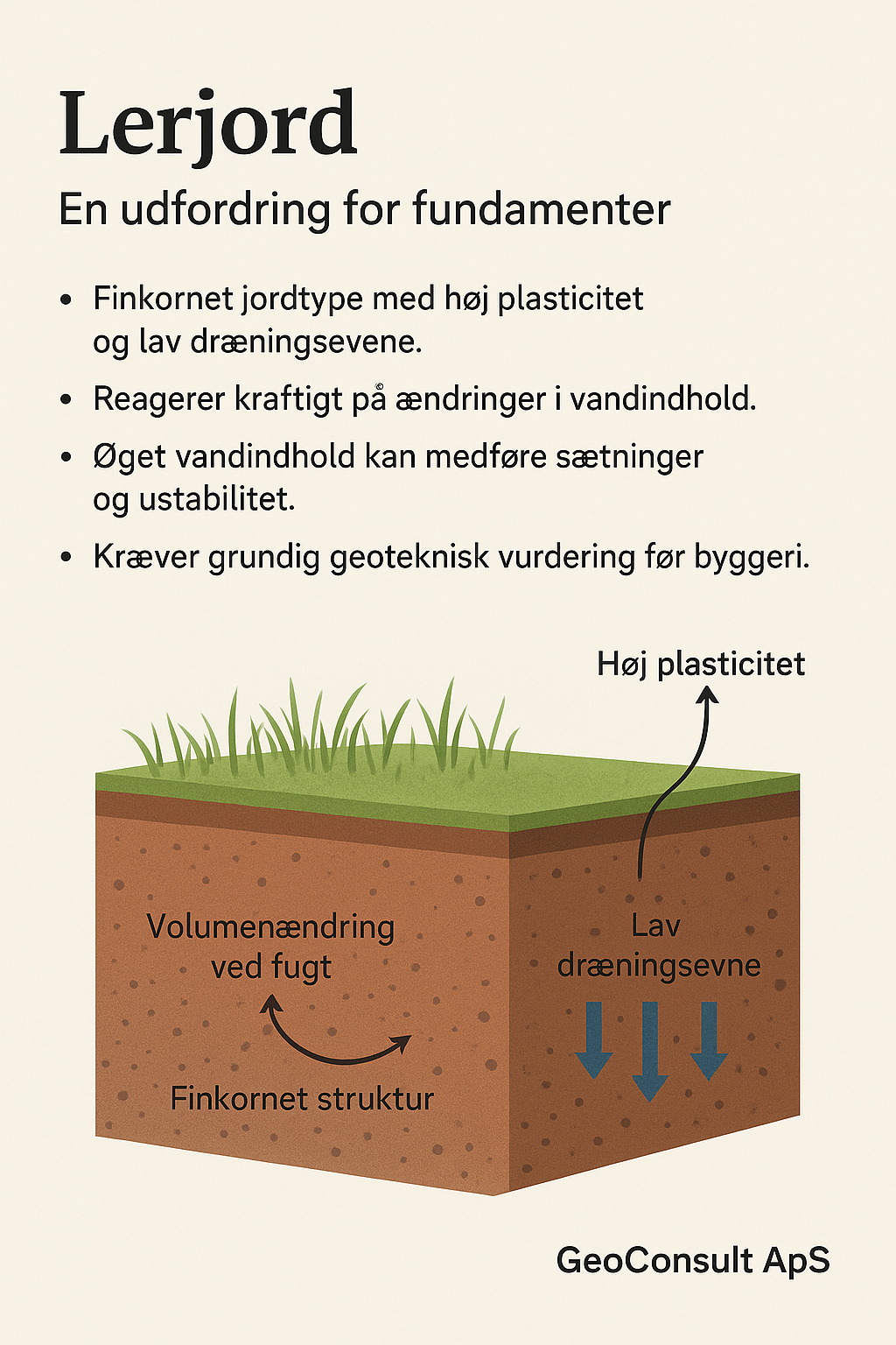 lerjordens egenskaber i byggeri, med fokus på plasticitet, lav dræningsevne og volumenændringer.